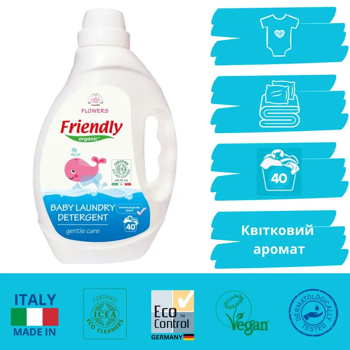 Органічний рідкий пральний порошок Friendly Organic квіти 2000 мл (40 прань) — Photo 7