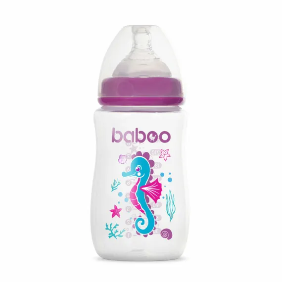 Пляшечка для годування BABOO Антиколікова, 250 мл, фіолетова, Sea Life, +3 міс.
