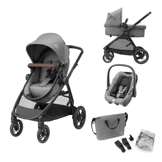 Коляска MAXI-COSI ZELIA S TRIO Grey (Black Frame/Brown Leather + CabrioFix S i-Size + сумка)