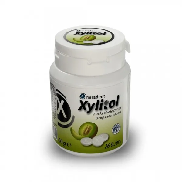 Льодяники з ксилітолом Xylitol Drops в банці, диня (26 шт), (Miradent) — Photo 3