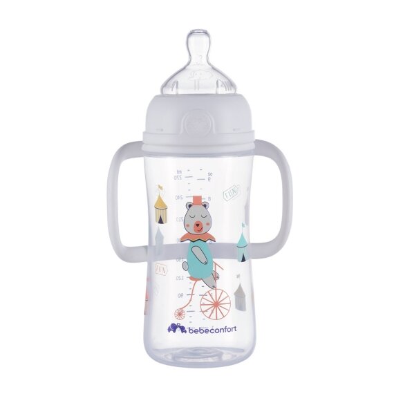 Пляшечка для годування BEBE CONFORT EMO PP W/H 270ML T2 FF з ручками та силіконовою пустушкою біла