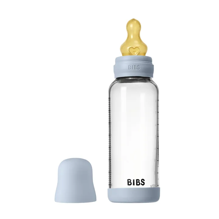 Скляна дитяча пляшечка BIBS Glass Baby Bottle Round Latex 1 pack 240 мл Medium Flow (середній потік) Baby Blue — Photo 7