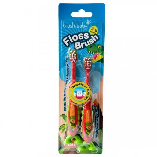 Зубна щітка Brush-Baby FlossBrush (3-6 років) Динозавр, на ніжці-липучці (подвійна упаковка) — Photo 3