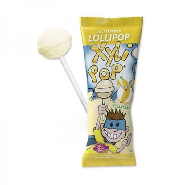 Льодяник з ксилітолом на паличці Xylipop (50 шт) зі смаком банану, (Miradent) — Photo 3